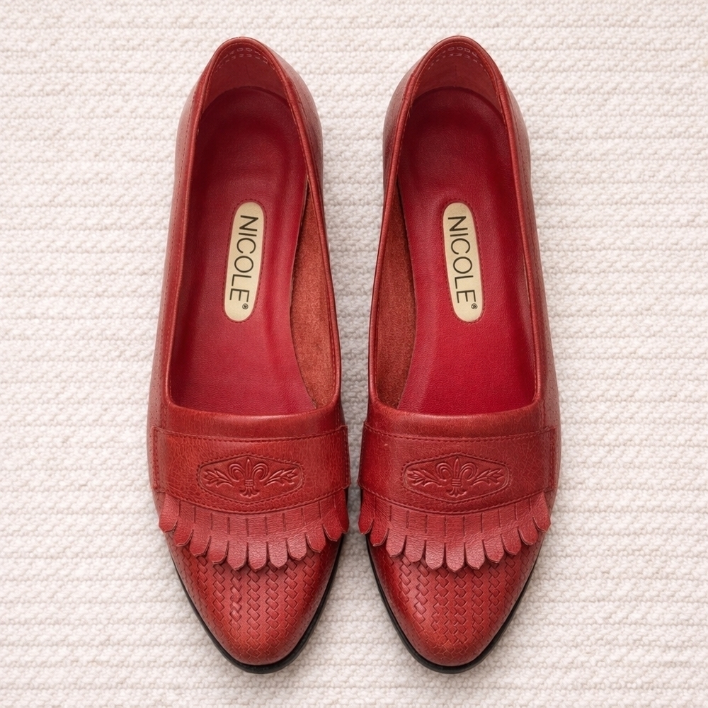 Vintage NICOLE BABS Red Woven Leather Fringe Loafers 8.5 M Fleur de Lis Heritage - Picture 7 of 10